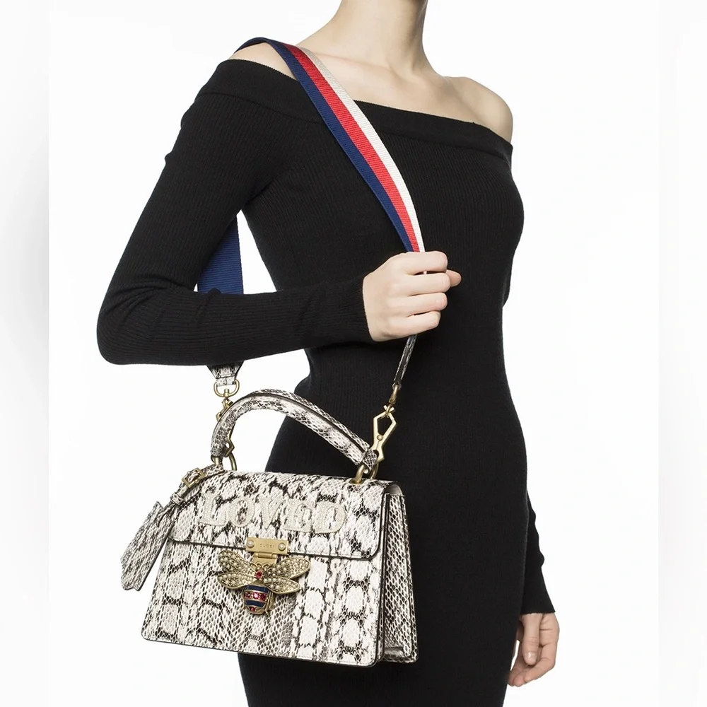 Gucci Black and White Snakeskin 'LOVED' Bee Top Handle Shoulder Bag